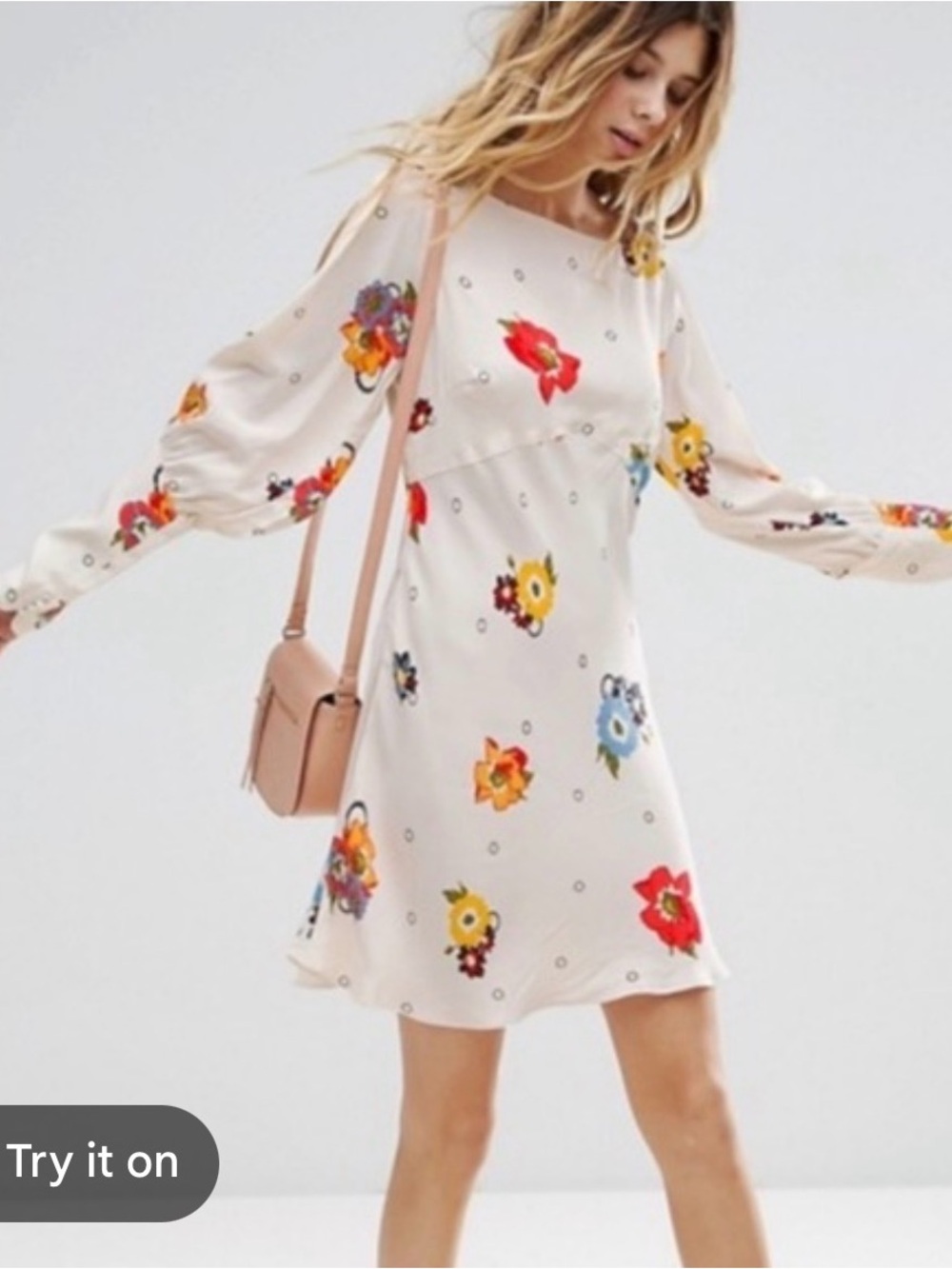 Free People Cream Floral Long Sleeve Mini Dress